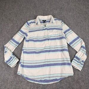 Gap Shirt Womens Small Linen Blend Striped Popover Preppy Coastal‎ Career Beachy